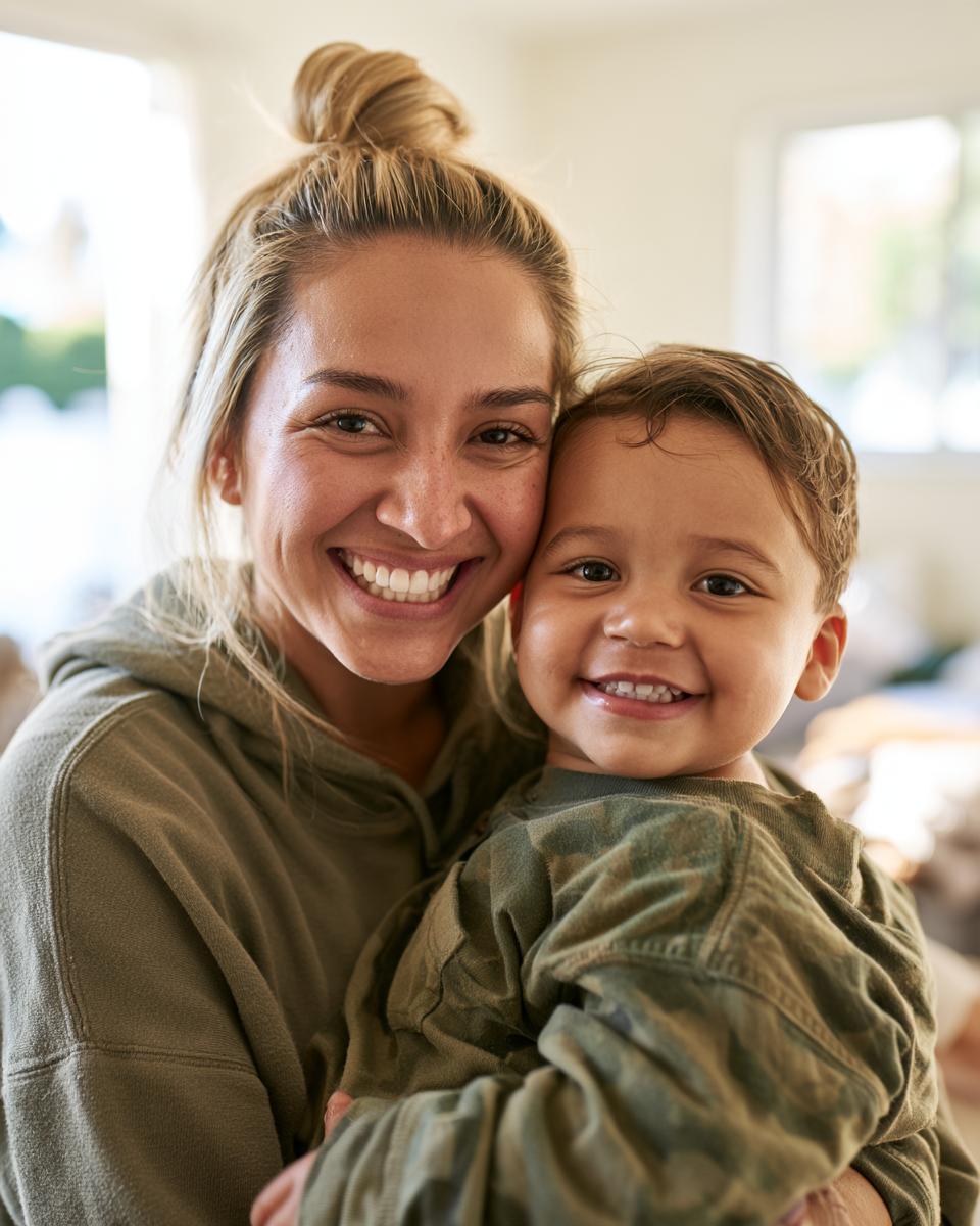 A smiling blonde caregiver holding a toddler indoors