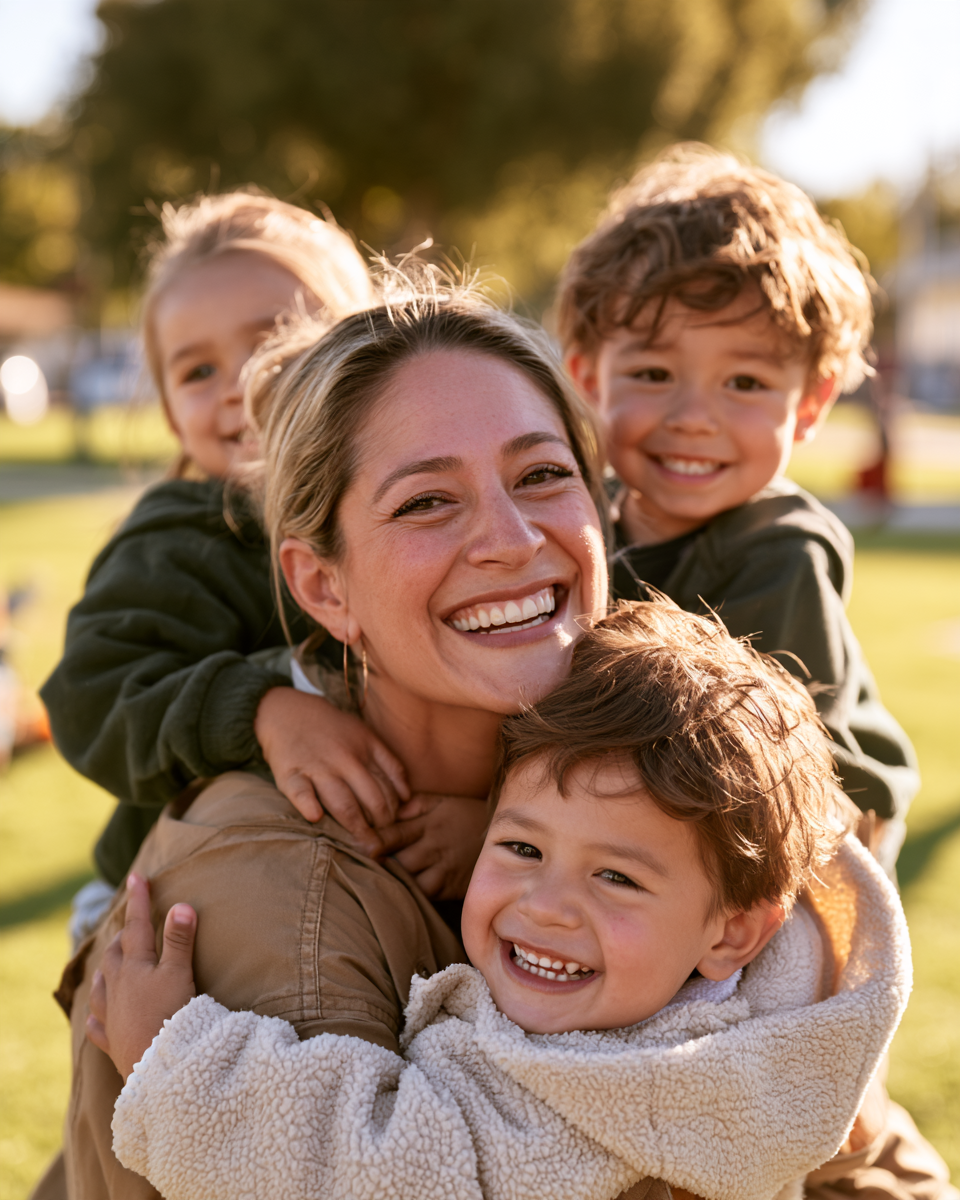 A smiling caregiver with children in a sunlit park