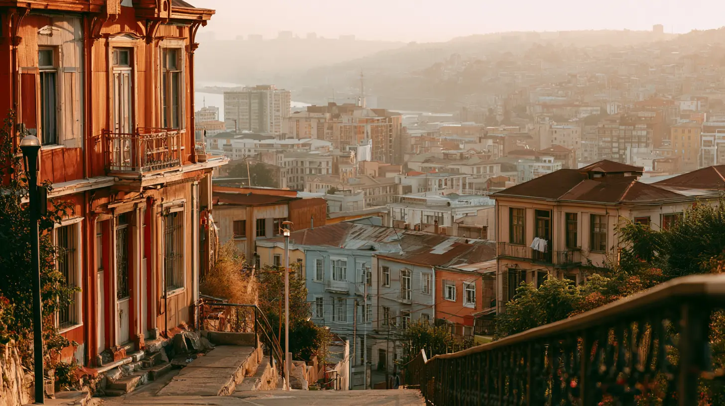 Colorful hillside houses in Valparaíso at golden hour